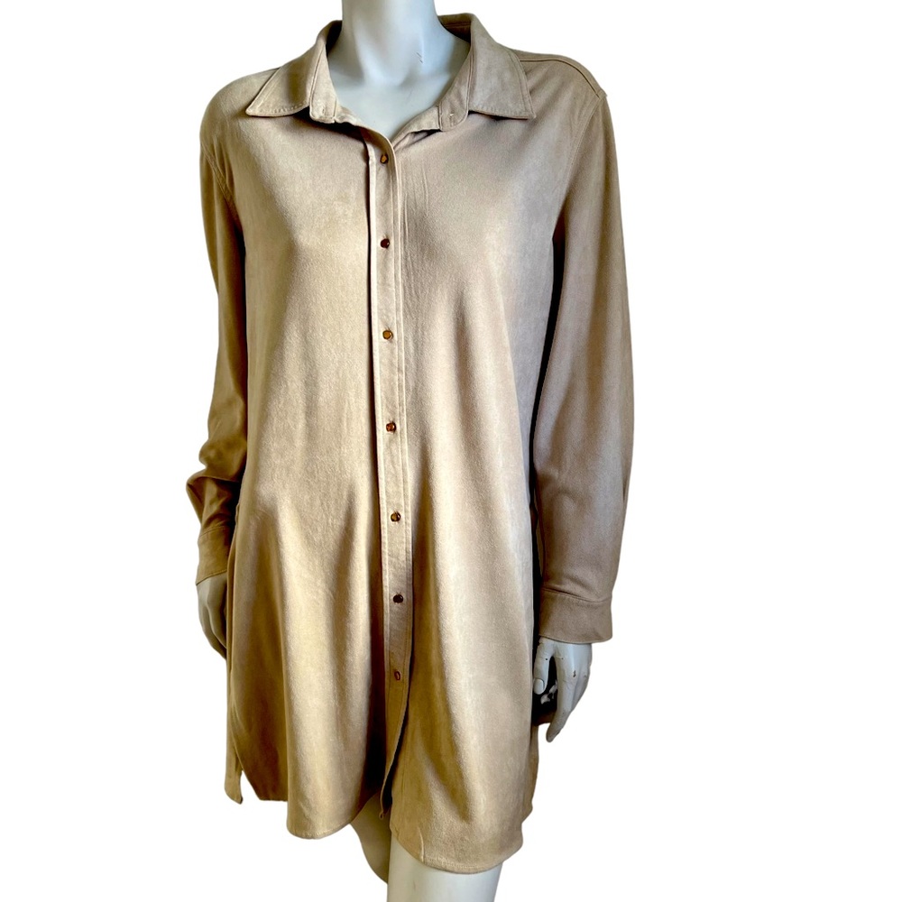 {Anthropologie} Solitaire by Ravi Khosla LTan Faux Suede long shirt Size Large